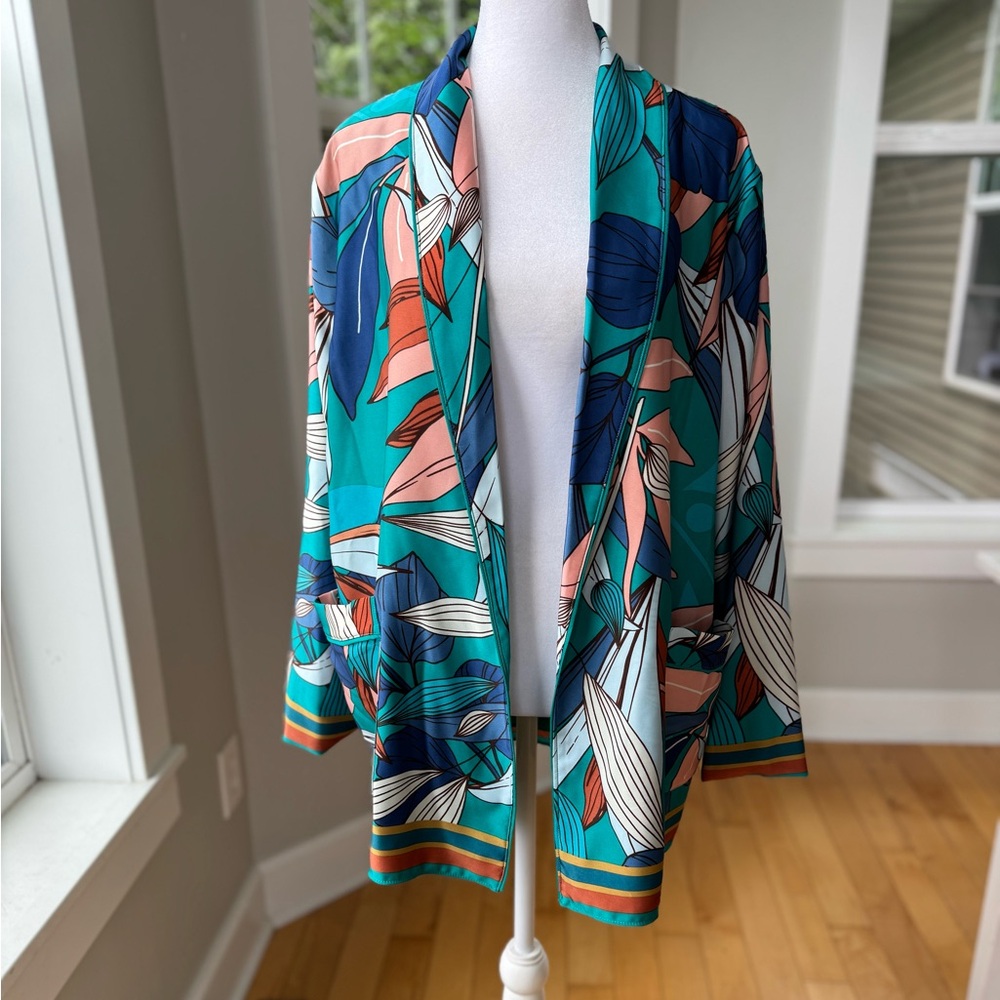 NINE WEST Teal Blue Green Graphic Print Open Relaxed Blazer Jacket Sz Medium New
